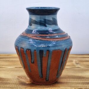 Studio Pottery 6" Bud Vase Blue Brown Drip Layer Glaze, Artist Signed F.T.D‎